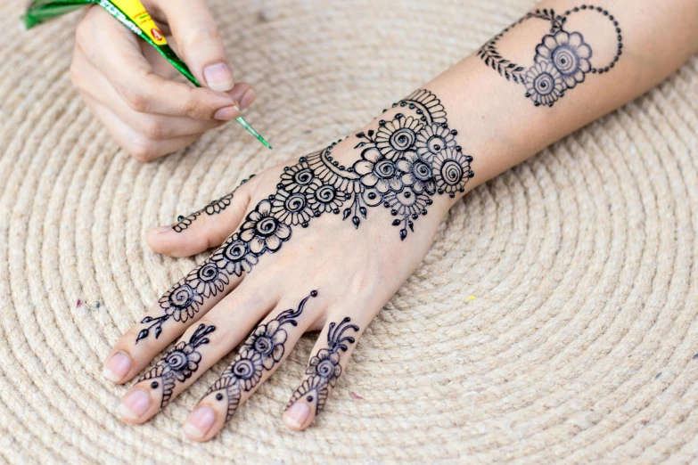 a close up of a person's hand with henna tattoos, a tattoo, higly detailed black ink outline, body covered in floral tattoos, in style of lam manh, crafts