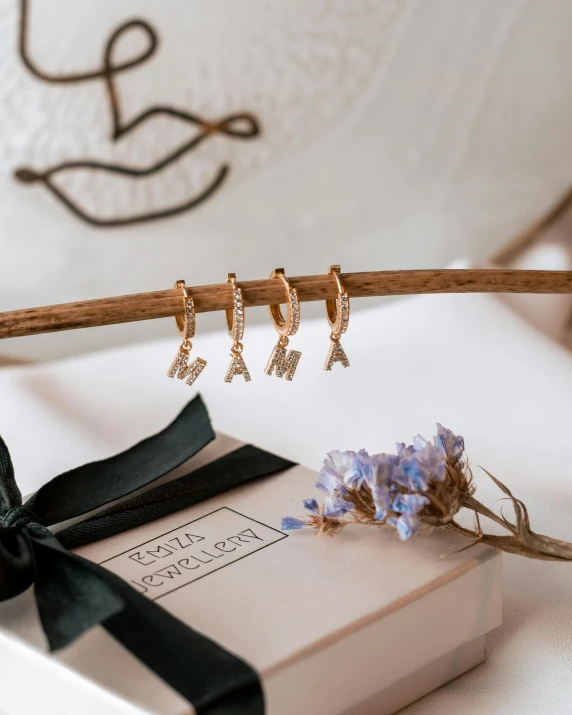 a white box sitting on top of a table next to a flower, a picture, gold hoop earings, thumbnail, hair jewellery, letters