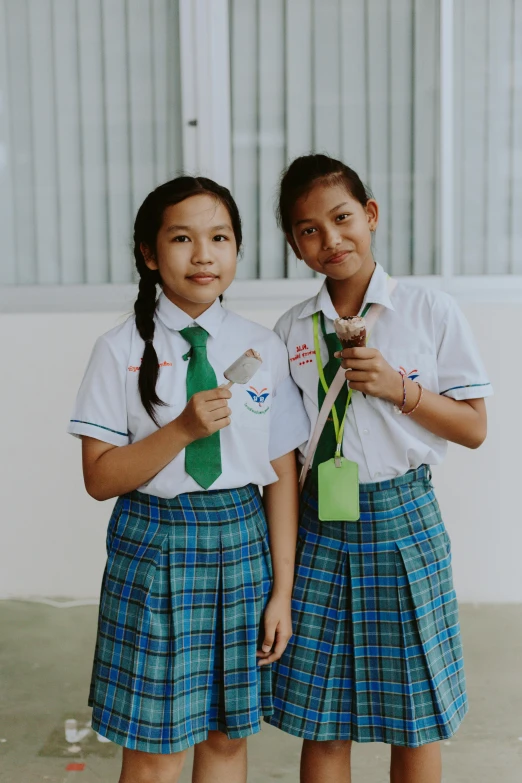 a couple of young girls standing next to each other, pexels contest winner, danube school, thailand, official product photo, panels, fzd school of design