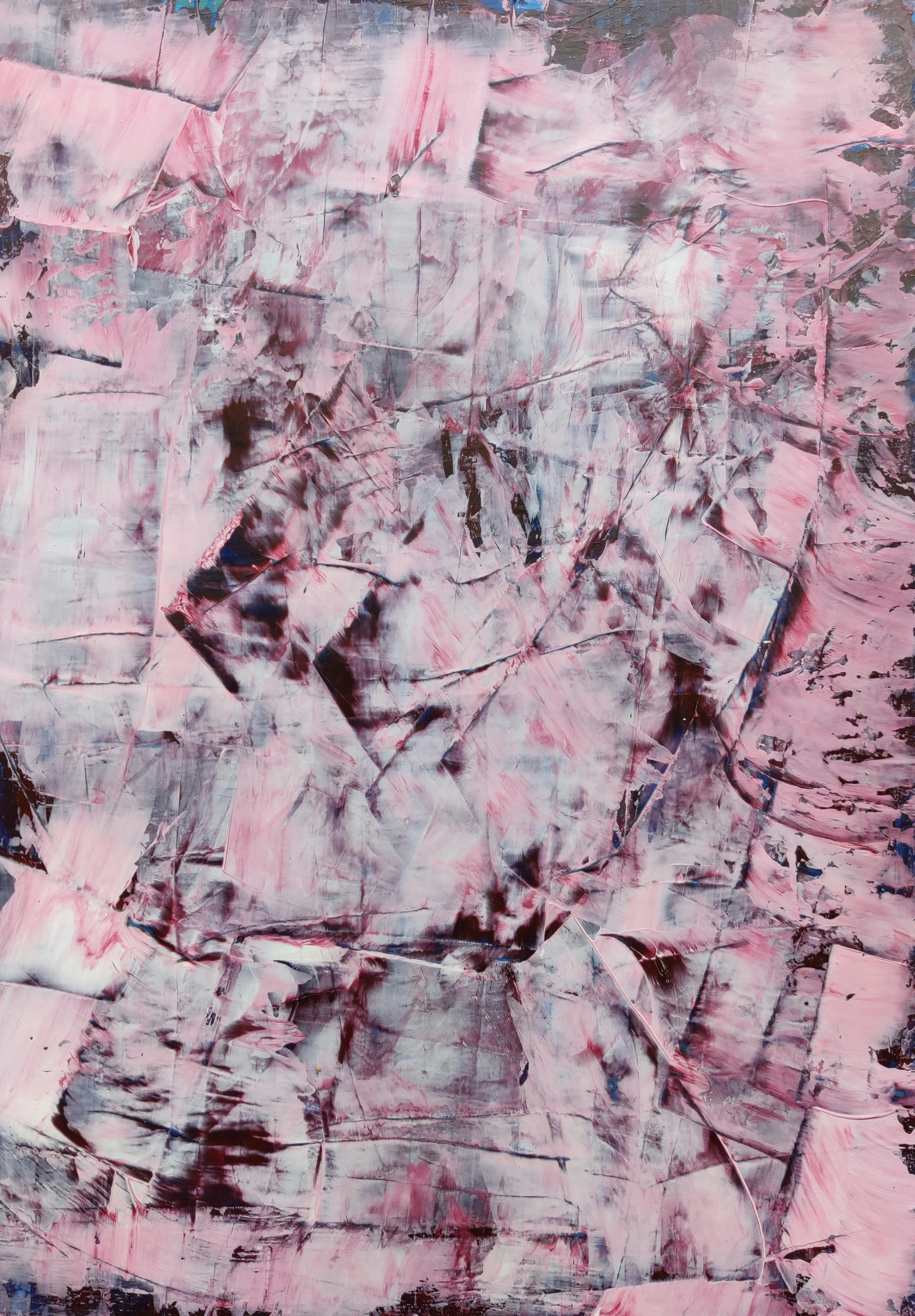 a close up of a painting on a wall, inspired by Julian Schnabel, reddit, lyrical abstraction, ((pink)), 144x144 canvas, monochrome, partially spacey crystallized