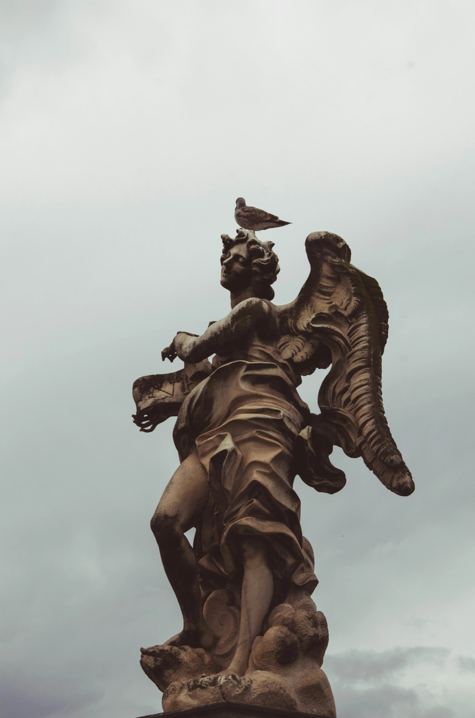 a statue of an angel on top of a building, pexels contest winner, baroque, overcast skies, made of bronze, dark angel of coffee, looking like a bird