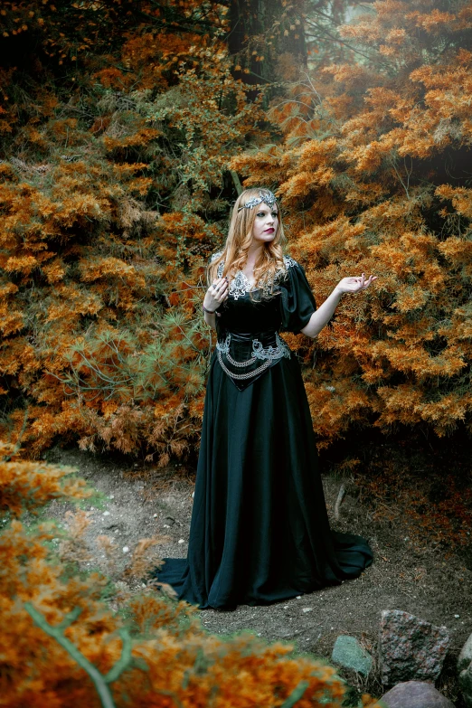 a woman in a black dress standing in a forest, an album cover, inspired by Edmund Leighton, pexels contest winner, renaissance, maiden with copper hair, 💣 💥💣 💥, black dress with belt, ornate dark green clothing