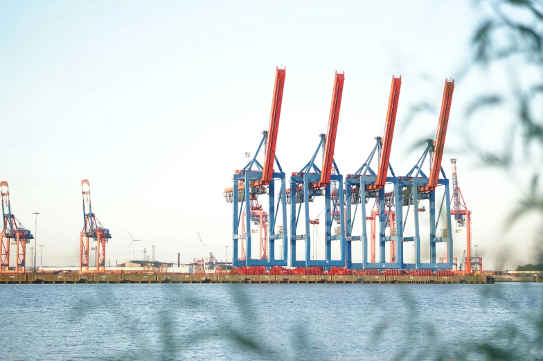 a group of cranes sitting on top of a body of water, by Karl Völker, pexels contest winner, graffiti, shipping docks, zoomed out view, high quality product image”, portrait of tall