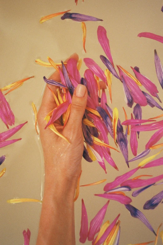 a person holding a bunch of flowers in a bathtub, a photorealistic painting, inspired by Morris Louis, trending on pexels, conceptual art, made of feathers, smooth fuschia skin, unclipped fingernails, floral wallpaper