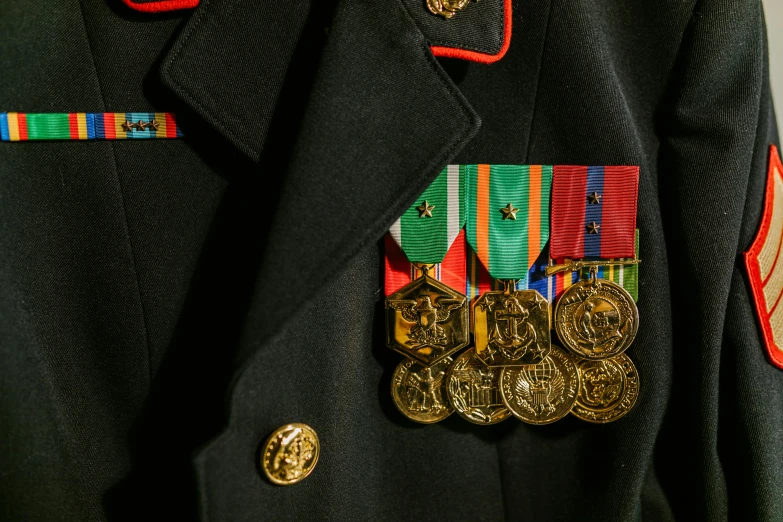 a close up of a military uniform with medals on it, pexels contest winner, instagram post, multicoloured, marine, centered shot