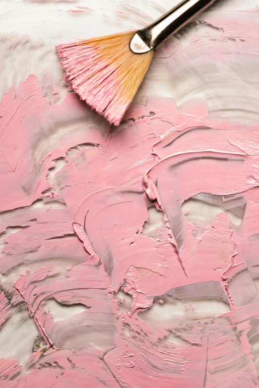 a close up of a brush with pink paint on it, inspired by Shōzō Shimamoto, trending on pexels, visual art, embossed paint, ochre, flat lay, zac retz