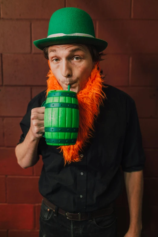 a man wearing a green hat and a green mug, linus from linustechtips, octoberfest, profile image, show