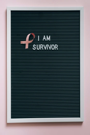 a letter board with the words i am survivor on it, a poster, pexels, ((pink)), tumors, profile picture, casual