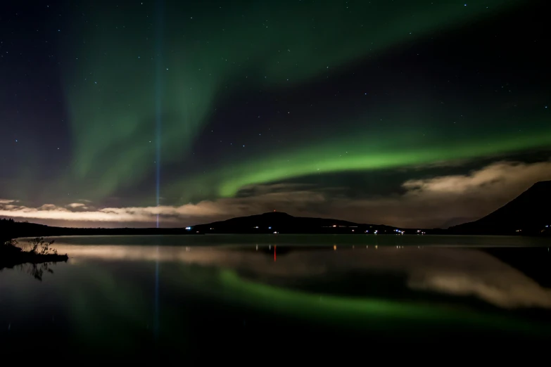 the aurora bore lights up the night sky over a lake, a portrait, pexels contest winner, hurufiyya, reykjavik, laser beam ; outdoor, lumen reflections, dark green