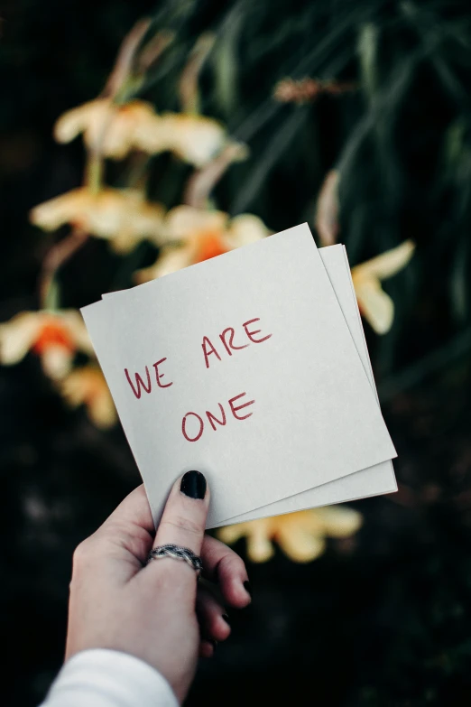 a person holding a piece of paper that says we are one, unsplash, album cover, instagram post, two, 15081959 21121991 01012000 4k