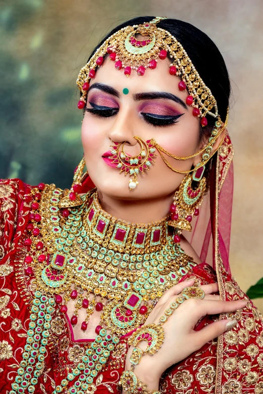 a woman wearing a red and gold bridal, trending on pixabay, of indian princess, thumbnail, advert, eye level shot