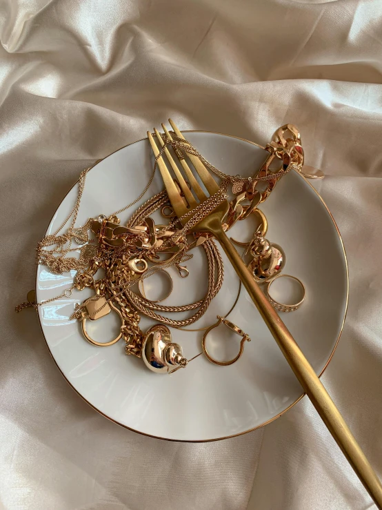 a white plate topped with gold jewelry and a fork, a still life, inspired by Hedi Xandt, trending on pexels, wearing gold chain, low quality photo, 90s photo, many pieces