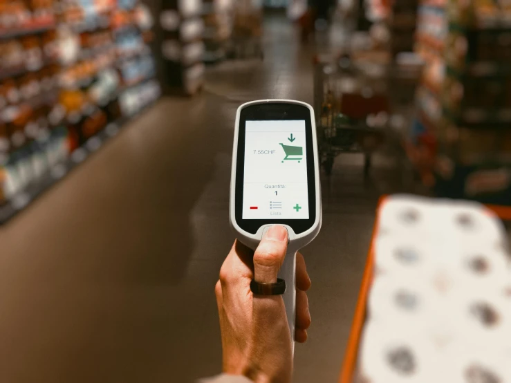 a person holding a smart phone in a store, a digital rendering, by Carey Morris, pexels, red laser scanner, getting groceries, fortninte, teaser