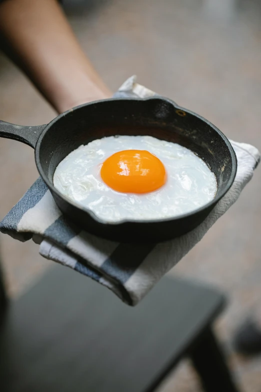 a person holding a frying pan with an egg in it, up-close, handcrafted, chalk, small