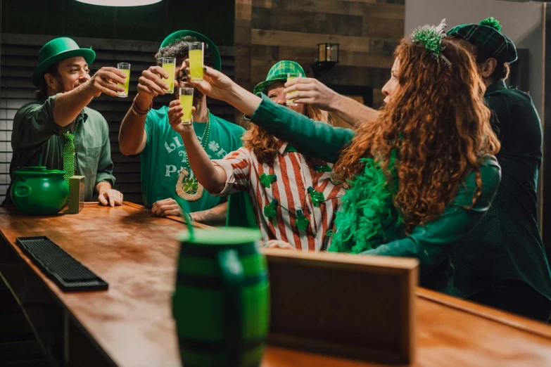 a group of people celebrating st patrick's day at a bar, pexels contest winner, closed limbo room, 🎨🖌️, green clothes, profile image