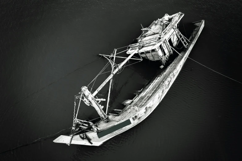 a black and white photo of a boat in the water, by Patrick Pietropoli, conceptual art, broken machinery, drone photograpghy, crane, taken in the late 2010s