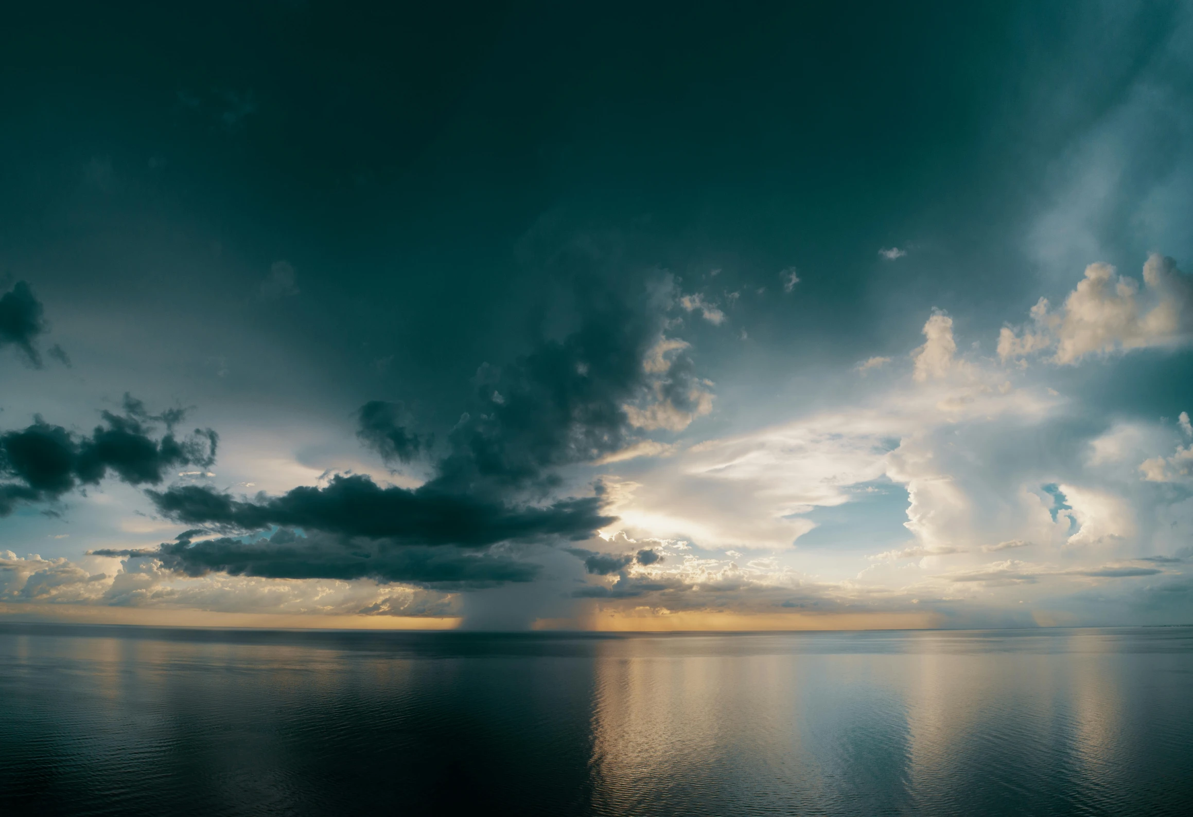 a large body of water under a cloudy sky, by Sebastian Spreng, ultrawide angle cinematic view, sky setting, on the sea, imagistic sky