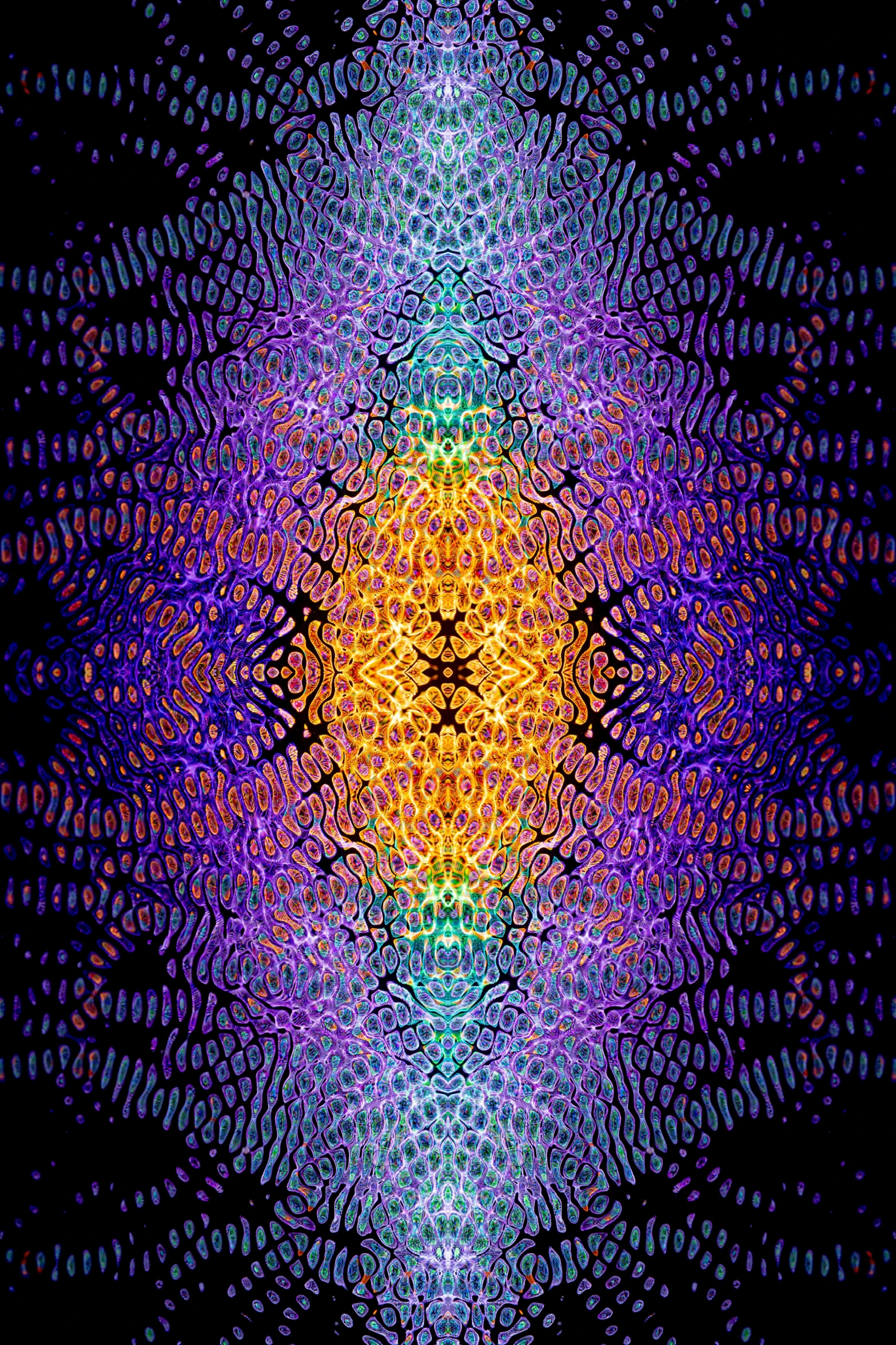 a colorful pattern on a black background, a digital rendering, by Daniel Chodowiecki, flickr, psychedelic art, symmetry!! water, orange and purple electricity, saturated pointillism, seamless pattern :: symmetry