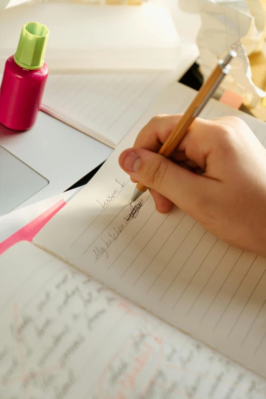 a person writing on a piece of paper with a pencil, pink, studying in a brightly lit room, thumbnail, gaming