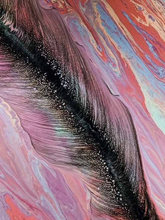 a close up of a painting of a feather, inspired by Yanjun Cheng, trending on pexels, abstract art, dripping black iridescent liquid, flowing pink hair, shiny layered geological strata, ( ( fractal waves ) )