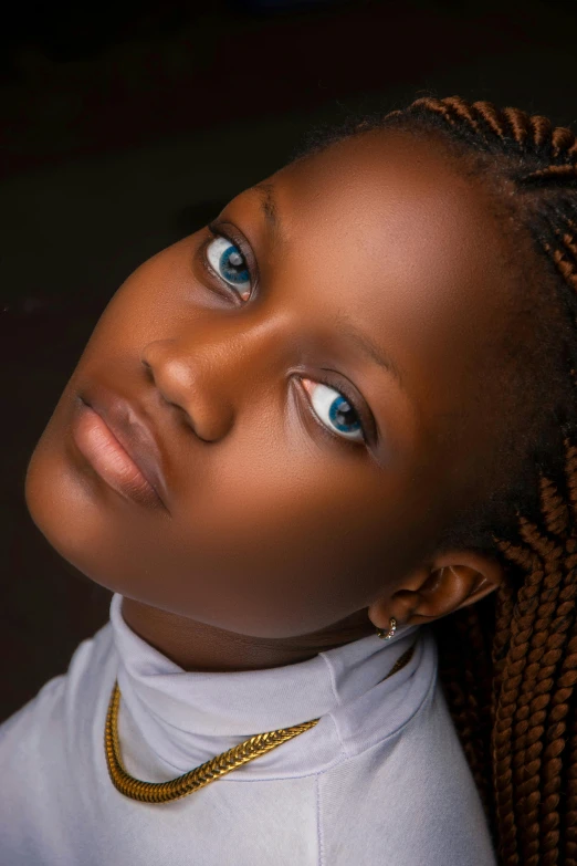 a close up of a person wearing a white shirt, an album cover, by Chinwe Chukwuogo-Roy, trending on pexels, beautiful blueish eyes, black teenage girl, aged 13, african female android