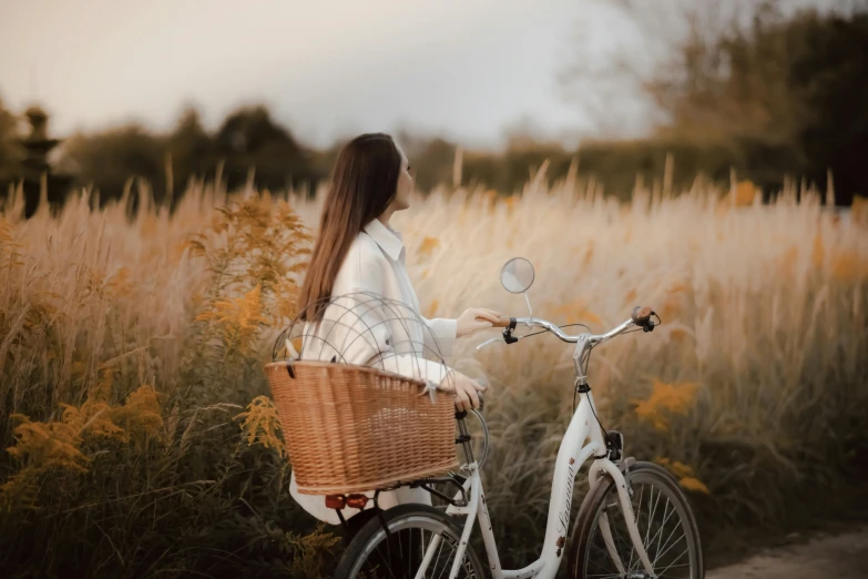 a woman riding a bike with a basket on the back, by Emma Andijewska, pexels contest winner, background image, girl with brown hair, late summer evening, avatar image