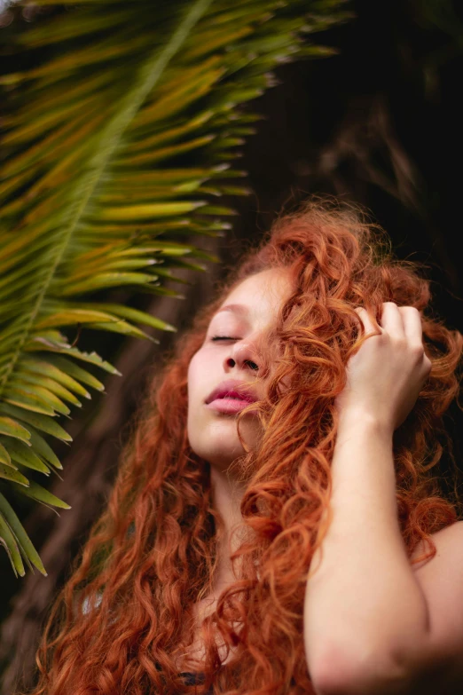 a woman with long red hair standing in front of a palm tree, trending on pexels, renaissance, curls hair, hands in her hair, hairy orange skin, photo of young woman