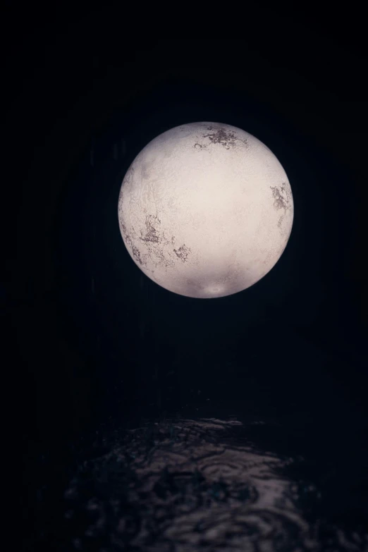 a full moon in the dark sky above a body of water, an album cover, inspired by Elsa Bleda, trending on unsplash, space art, pluto, lunar busy street, high angle close up shot, snow