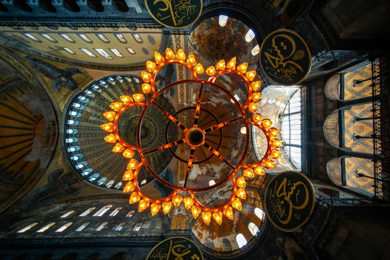a chandelier hanging from the ceiling of a building, by Tobias Stimmer, unsplash contest winner, turkey, photographic isometric cathedral, square, paisley