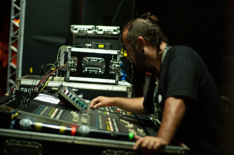 a man sitting in front of a mixing desk, by Ottó Baditz, avatar image, diego fernandez, theatre equipment, rectangle