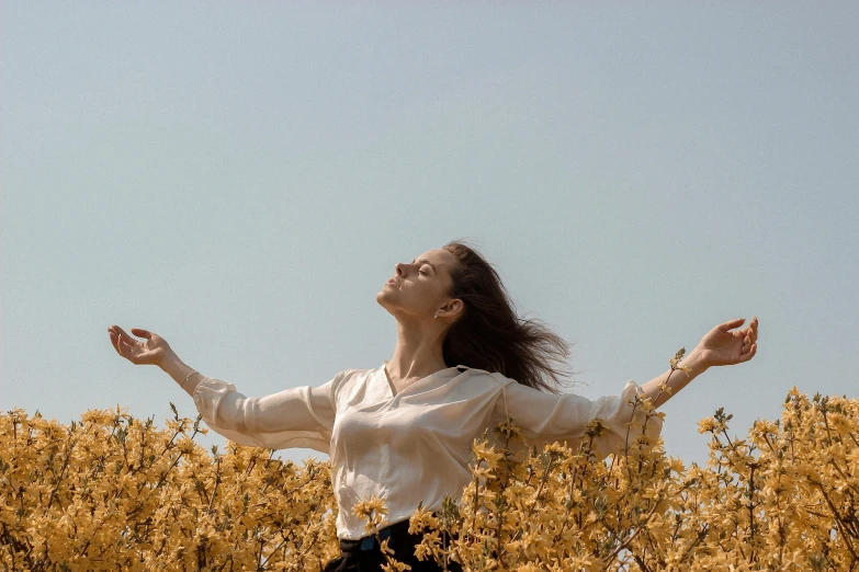 a woman standing in a field of yellow flowers, pexels contest winner, renaissance, his arms spread. ready to fly, relaxed. gold background, as she looks up at the ceiling, holy energy