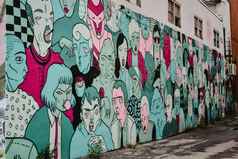 a group of people painted on the side of a building, by Meredith Dillman, pexels contest winner, street art, pink and teal, old comics in city, audience, well drawn faces