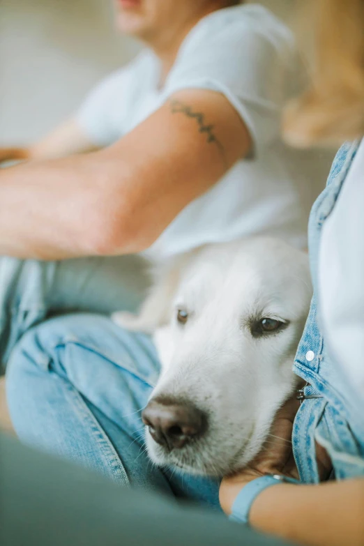 a woman sitting on a couch with a dog, a tattoo, trending on unsplash, two men hugging, wearing jeans, sorrow, white male