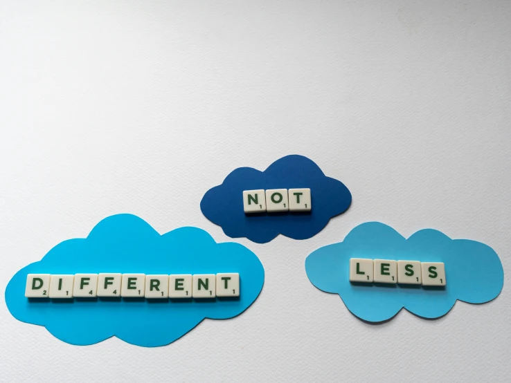 a couple of scrabbles sitting on top of a refrigerator, inspired by René Magritte, unsplash, letterism, clouds on surface, threes, blue and gray colors, placards