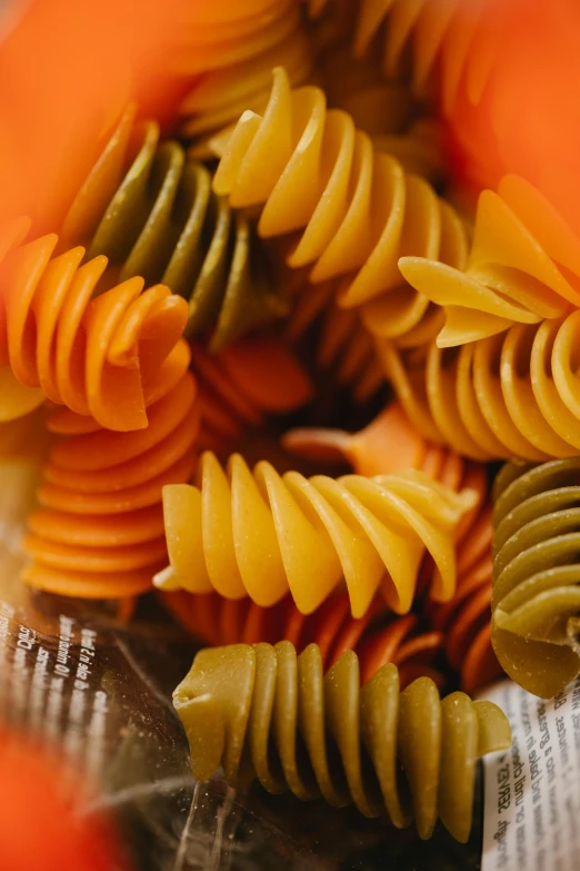 a pile of pasta sitting on top of a table, orange and green power, organic rippling spirals, zoomed in, spines