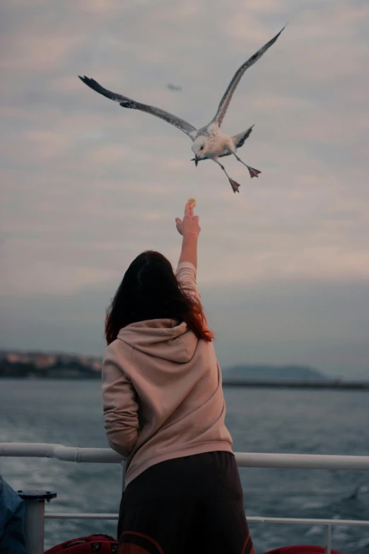 a woman standing on top of a boat next to a seagull, pexels contest winner, happening, holding paws, brandon woelfel, waving, bird on his shoulder