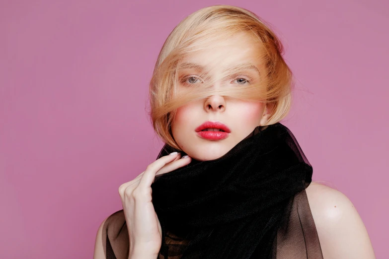 a woman with a scarf around her neck, trending on pexels, very very pale blond hair, pointé pose;pursed lips, solid background, photoshoot for skincare brand