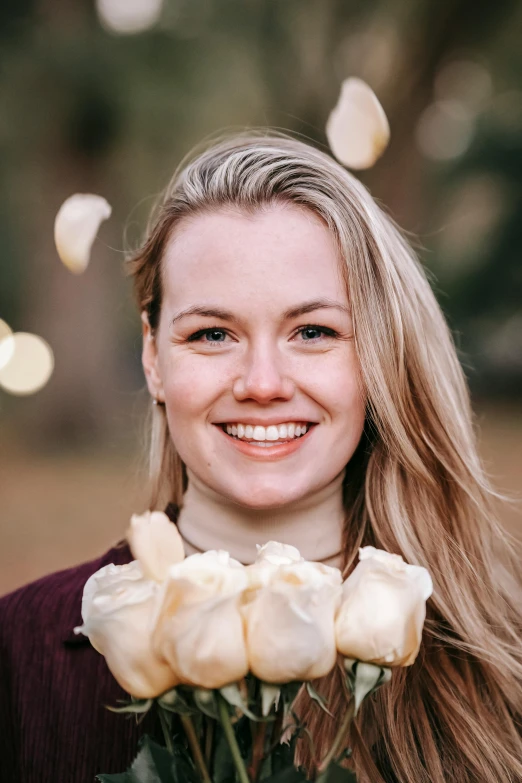 a woman holding a bouquet of white roses, a portrait, by Kristin Nelson, pexels contest winner, greta thunberg smiling, sydney sweeney, headshot profile picture, tourist photo