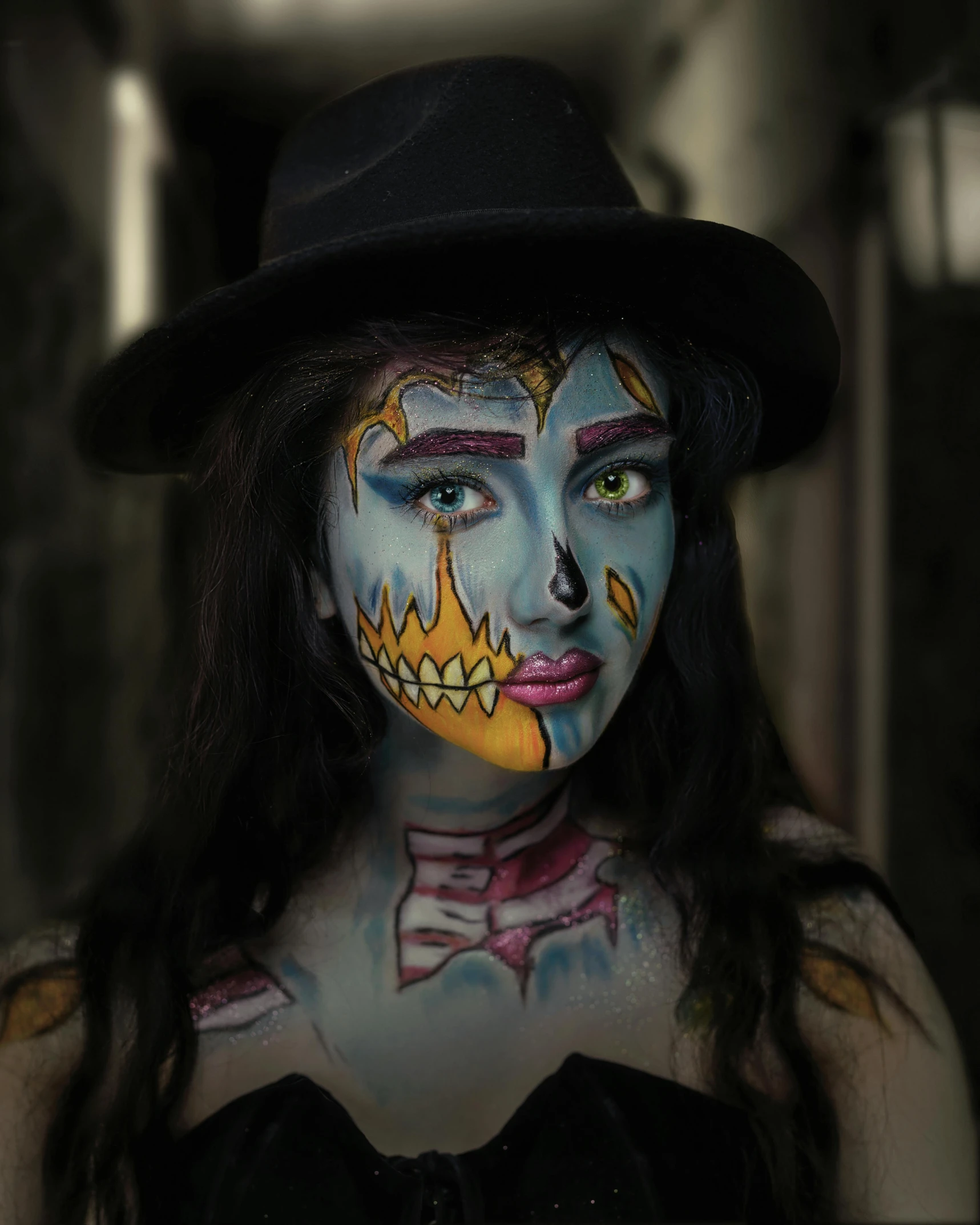 a woman with face paint and a top hat, inspired by Arnold Mesches, pexels contest winner, monster girl, multi colored, body-horror, bluish face