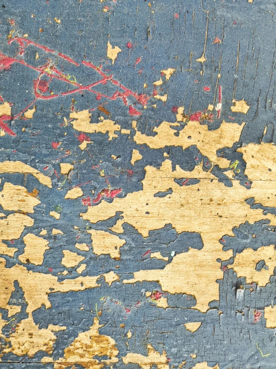 a close up of peeling paint on a wooden surface, an album cover, inspired by Richter, trending on unsplash, colors with gold and dark blue, ((woodblock)), 1 7 0 0 s atlas, fragmented