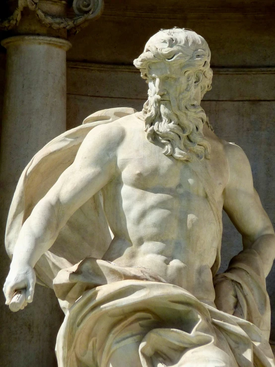 a statue of a man sitting in front of a building, inspired by Hercules Seghers, pexels contest winner, mannerism, standing on neptune, partially male hairy torso, bursting with muscles, perfectly shaded body
