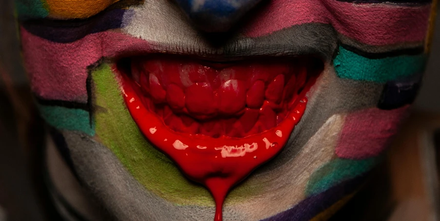 a close up of a person with a painted face, large tongue, cgsociety saturated colors, albert watson, cutecore clowncore
