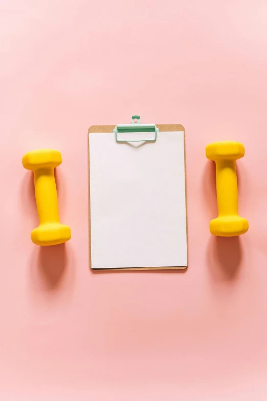 a clipboard and two dumbs on a pink background, by Nicolette Macnamara, trending on pexels, lifting weights, whiteboards, on a yellow canva, no text