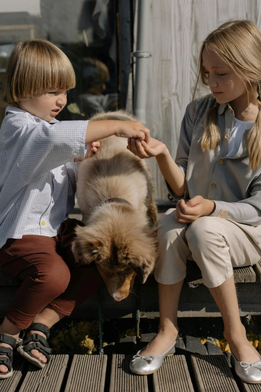 two children sitting on a bench petting a dog, pexels contest winner, renaissance, shot from cinematic, wearing farm clothes, australian, animation