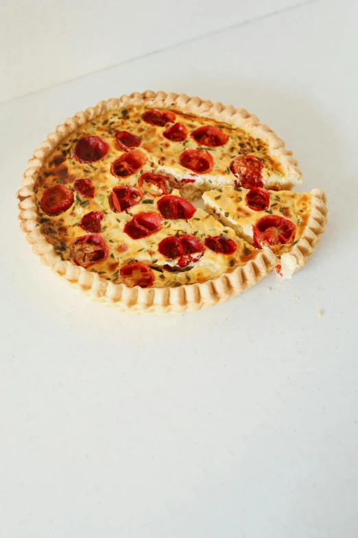 a pizza sitting on top of a white table, tomato, modeled, pastry, round-cropped