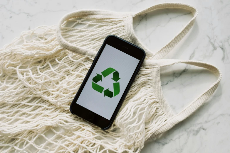 a cell phone sitting on top of a string bag, by Nicolette Macnamara, trending on pexels, plasticien, green energy, recycled, white, avatar image