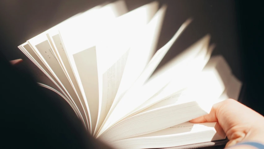 a person holding an open book in their hand, by Carey Morris, unsplash, light and space, beautifully soft lit, immaculate shading, a radiant, instagram post