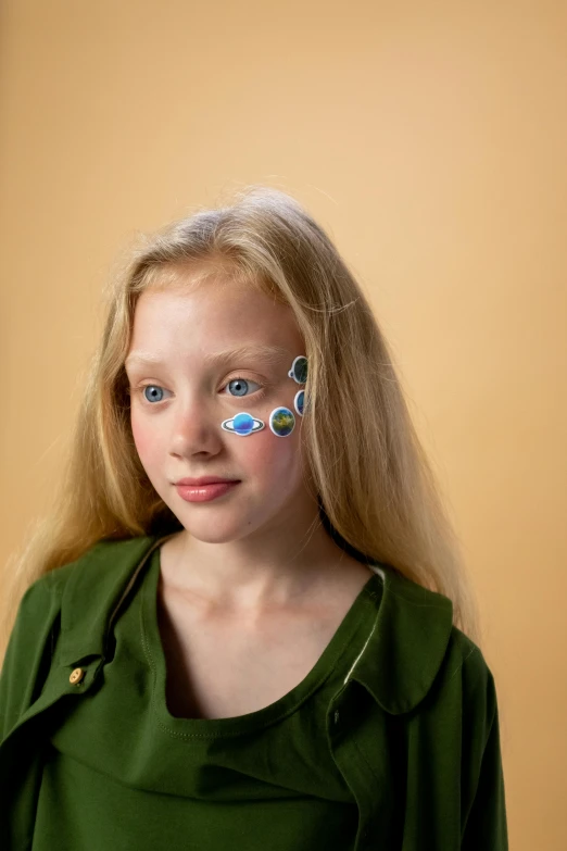 a girl with an eye patch on her face, inspired by Sophie Anderson, holo sticker, ready to model, greta thunberg, full product shot