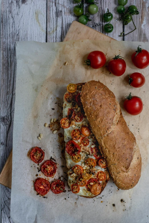 a sandwich sitting on top of a cutting board next to tomatoes, by Jan Tengnagel, pexels contest winner, renaissance, zeppelin, full lenght, crust, shot with sony alpha