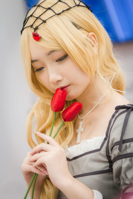 a woman that is holding a flower in her hand, by Sengai, pixiv, romanticism, closeup photo at nyc comicon, 15081959 21121991 01012000 4k, portrait of kim petras, last exile